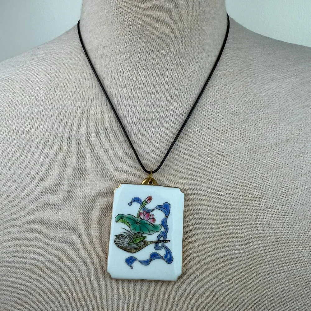 Vintage Chinese Hand Painted Porcelain Lotus Pendant on NEW Black Cord 22.5
